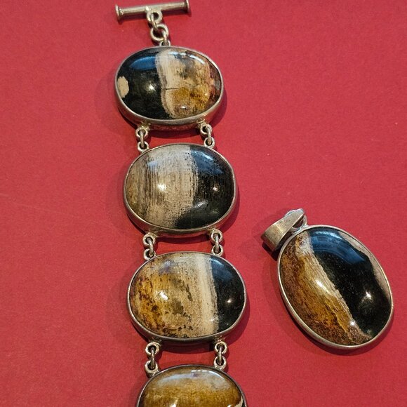 Petrified Palm Wood/Sterling Silver Bracelet and Pendant - Picture 1 of 15